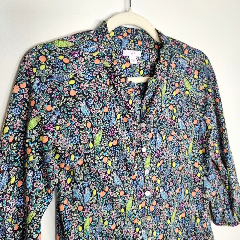 J Jill Button Up Blouse Bird Print Ruffle Collar Multicolor XS Cotton Modal